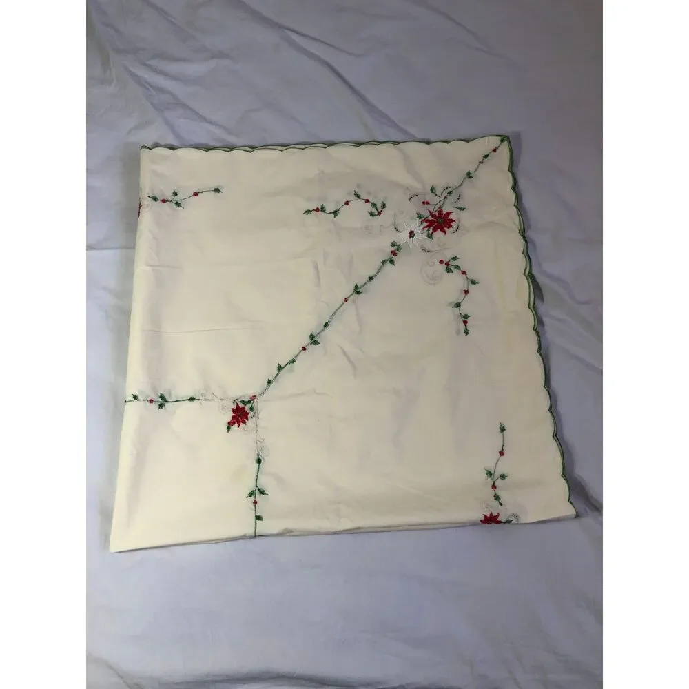 Vtg 70s Christmas Poinsettia Cutwork Tablecloth 48